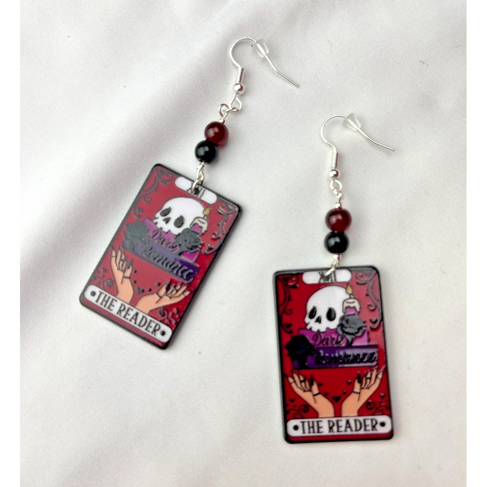Handmade Dangly Earrings The Dark Romance Reader Tarot Card Bookworm Fantasy Emo